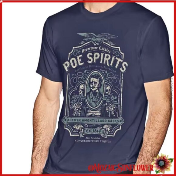 Poe Spirits NWT 100% Quality Cotton Blue Sage Tan Double Stitch Tee - Picture 1 of 10